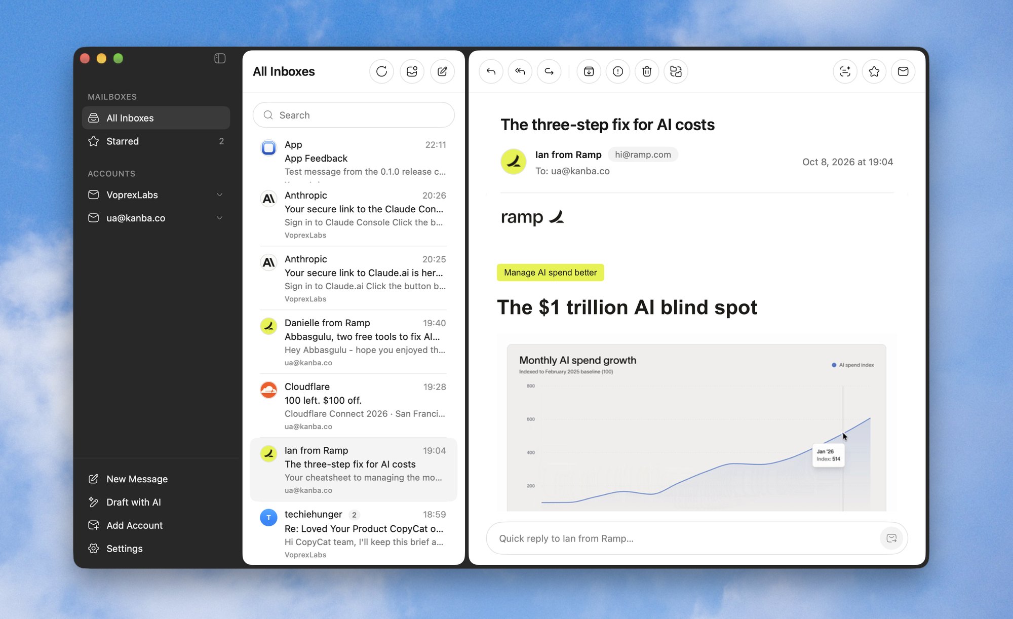 GotEmail: the mailboxes on the dark sidebar, the message list and an open message on white cards